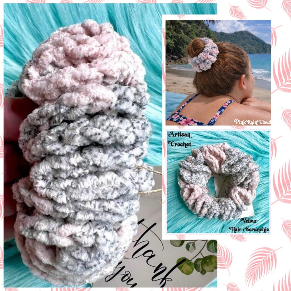 Handmade Crochet VELVET Dusty Rose Stretchy Hair Scrunchie PinkRainCloud